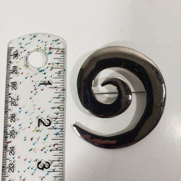 Vintage Y2K Large Swirl Spiral Brooch Pin Signed M Jent Polished Silver Tone - Picture 6 of 8